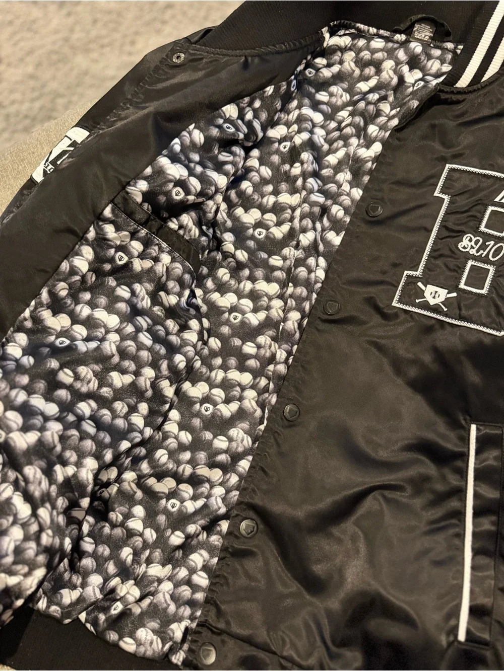 Black Satin Varsity Jacket with White Trim
